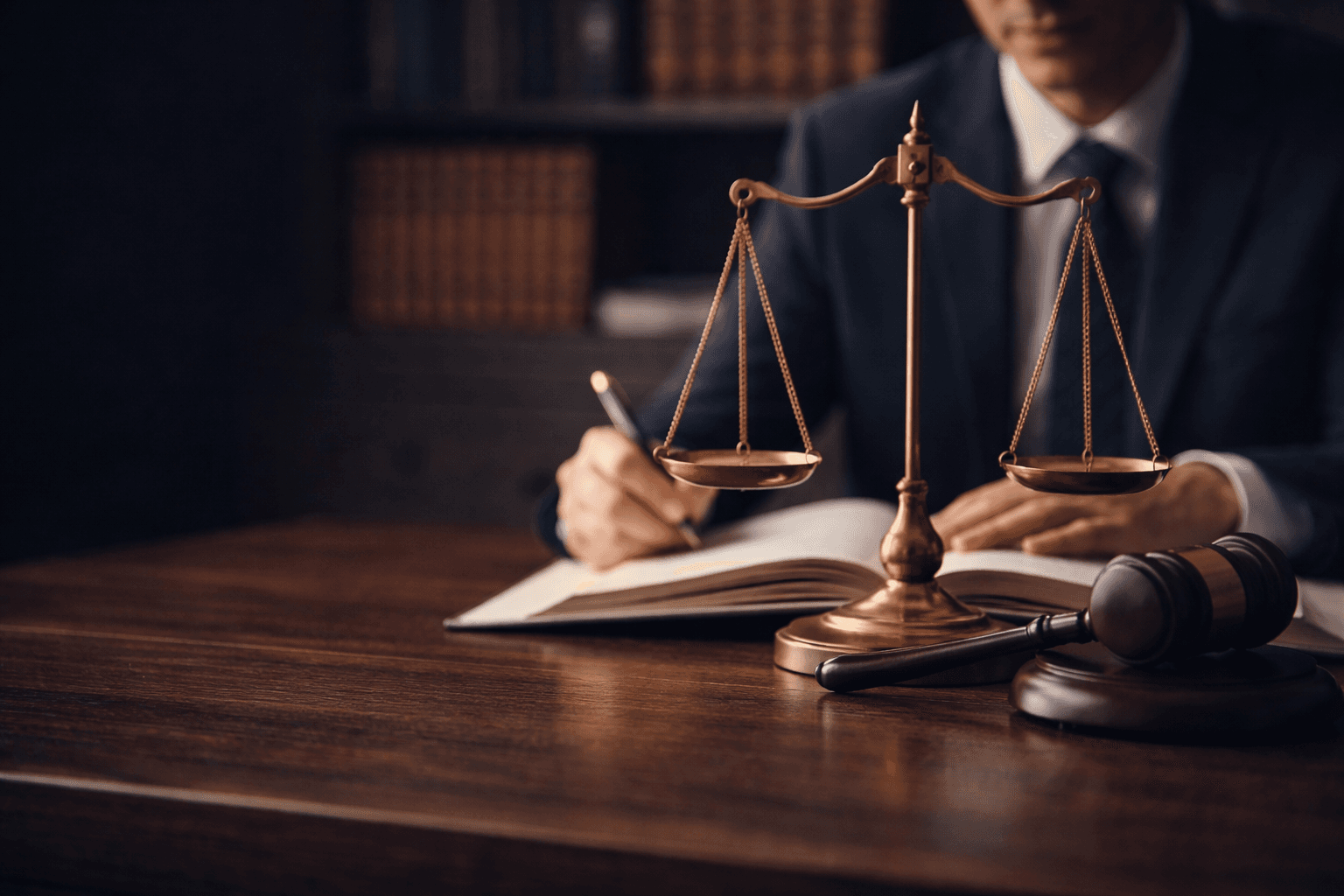 Legal professional workspace with scales of justice